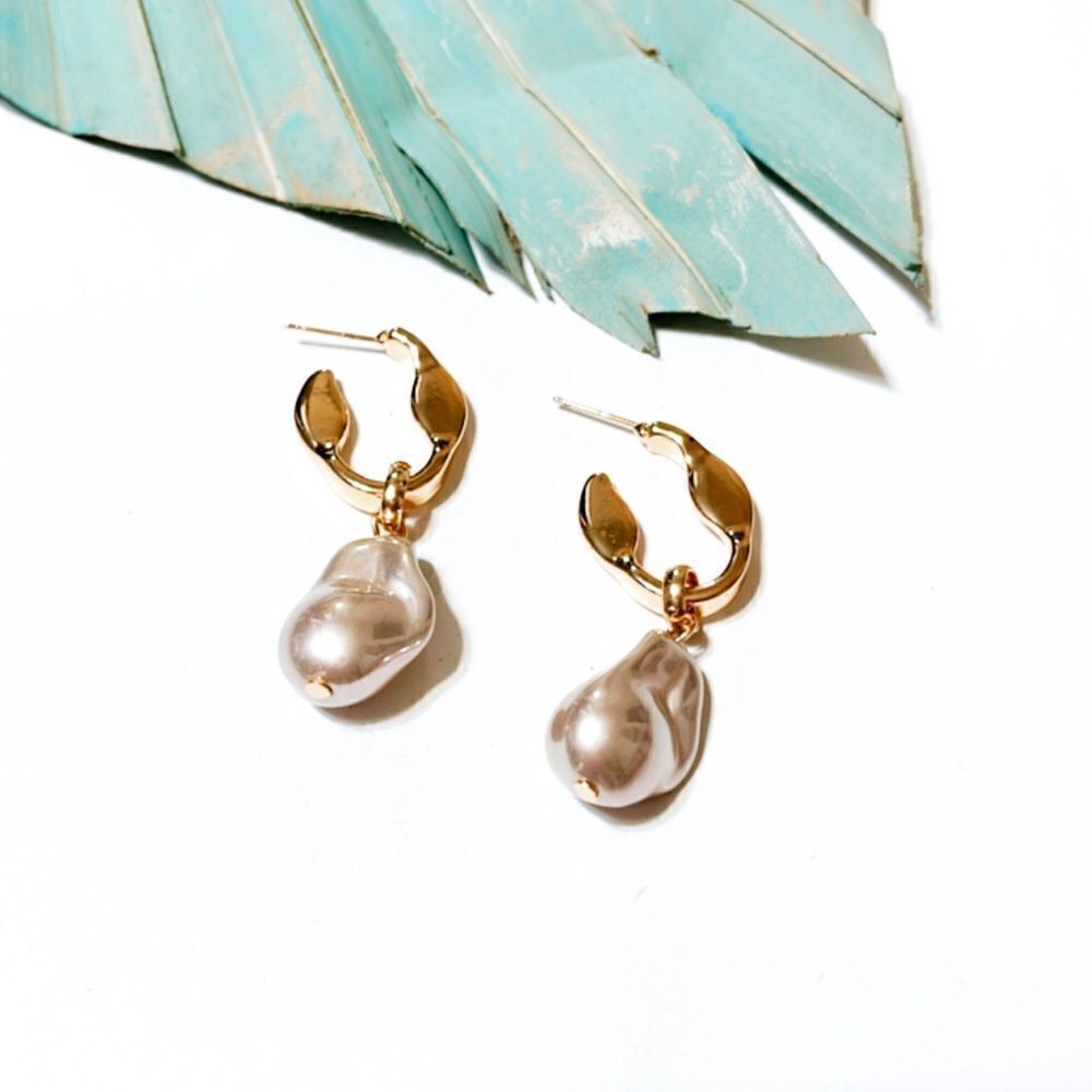 Anthropologie Gold Hoop Earrings with Pearl Drops